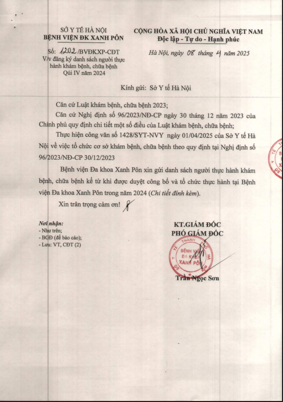 Danh sách người thực hành khám, chữa bệnh tại Bệnh viện Đa khoa Xanh Pôn